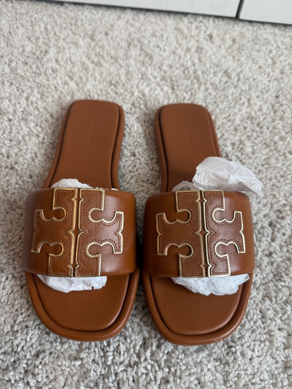 Tory Burch Cognac Leather Logo Slide Sandals - Picture 2 of 7